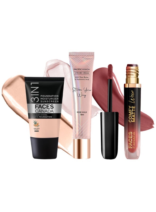 فاسيسكانادا مجموعة فيس كندا سيليب جلو | كريم ستروب - ذهبي وردي، 18 مل + كريم أساس هيدرا مات - وردي عاجي، 18 مل + كومفي مات واو - شوكو كوتور، 3.8 مل | هايلايتر | غني بالأصباغ | عبوة من 3 قطع - Image 1